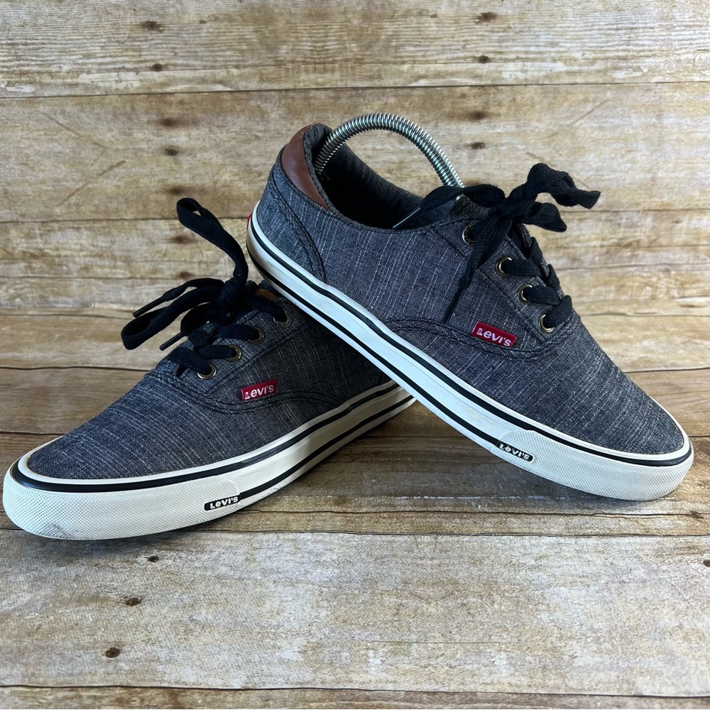 Levis Mens Low Top Denim Sneakers Sz 7.5 Charcoal Gray Lace Up Shoes 501 Style‎
